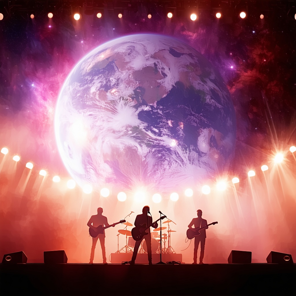 a lead singer and a band as silhouettes on a stage in outer space-2-1